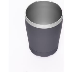 A drink bottle in a sleek dark grey design with a stainless steel rim, featuring a logo.