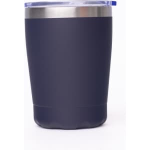 A drink bottle in navy blue with a stainless steel rim and a clear lid, featuring a logo.