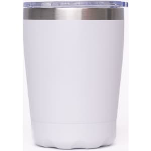 A drink bottle in white with a silver band and a clear lid, featuring a logo on one side.