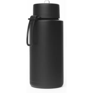 A drink bottle in matte black stainless steel, featuring a silicone handle and a lid with a metal loop.
