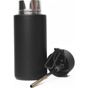A drink bottle in matte black stainless steel with a silicone handle and a straw attachment. It features a logo.