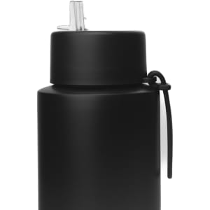 A drink bottle in matte black stainless steel with a silicone handle and a clear spout. It features a logo.