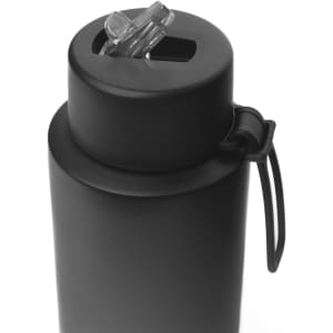 A drink bottle in matte black stainless steel with a clear lid and silicone handle, featuring a logo.