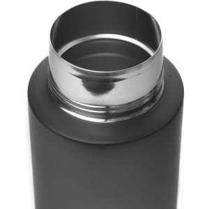 A drink bottle in matte black stainless steel featuring a wide opening and a silver rim, with a silicone handle.