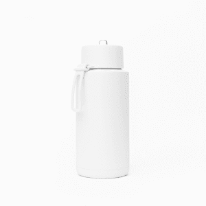A drink bottle in white, made of stainless steel with a silicone handle, featuring a lid and a logo.