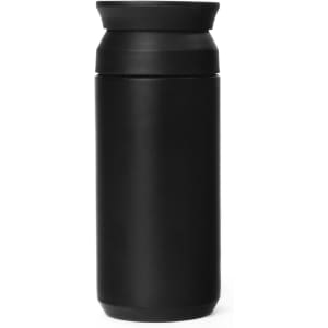 A drink bottle in matte black finish featuring a sleek, cylindrical design and a lid with a logo.