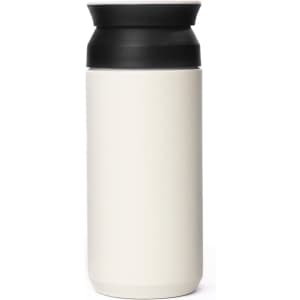 A drink bottle in white with a black lid, featuring a sleek, modern design and a logo.