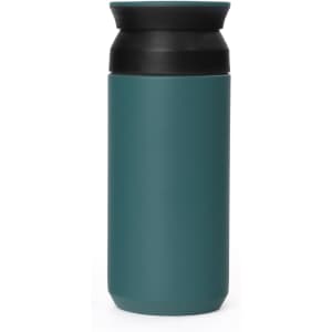A drink bottle with a teal body and a black lid, featuring a logo on the side.
