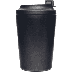 A double-walled reusable coffee cup in matte black with a secure lid and a sleek design. It features a logo.