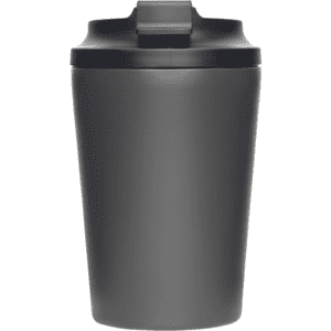 A drink bottle featuring a grey double-walled design with a black lid, complete with a logo.