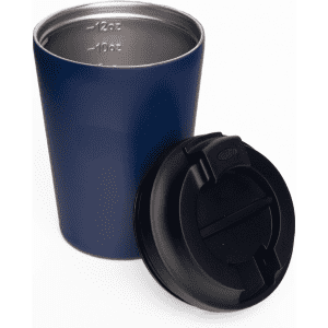 A 360ml double-walled coffee cup in navy blue, featuring a black lid and an inner stainless steel lining.