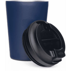 A drink bottle featuring a navy blue double-walled coffee cup with a black lid, designed for reusable use.