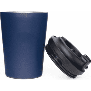 A reusable 360ml double-walled coffee cup in navy blue, accompanied by a black lid with a logo.