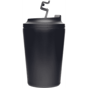 A drink bottle in matte black with a double-walled design and a lid featuring a hook.
