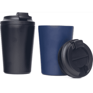 A double-walled coffee cup set in black and navy with a removable lid and branding.