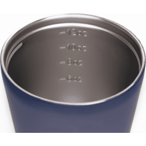 A drink bottle with a double-walled design, featuring a navy blue exterior and measurement markings inside.