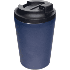 A double-walled navy coffee cup with a black lid and a logo. Suitable for reusable drinkware.
