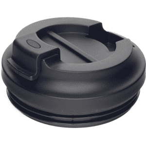 A black double-walled coffee cup lid with a sliding opening for easy sipping. Features a logo on one side.
