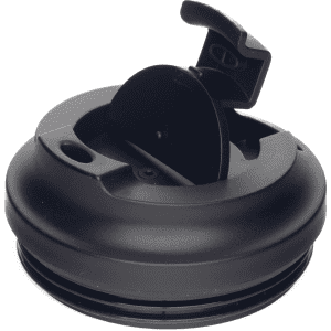 A black reusable coffee cup lid with a flip-top opening and a sealing mechanism, featuring a logo.