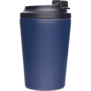A reusable 360ml double-walled coffee cup in navy blue with a black lid and a logo.