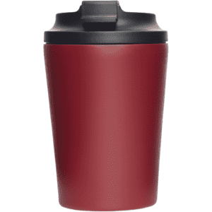 A double-walled coffee cup in a deep red colour with a black lid. It has a logo on the surface.