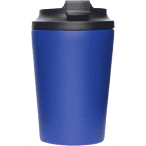 A reusable coffee cup in a vibrant blue colour with a black lid and integrated drinking spout. Features a logo.