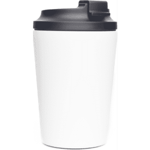 A reusable 360ml double-walled coffee cup in white with a black lid and a logo.