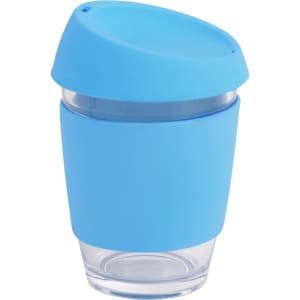 A reusable glass coffee cup in blue with a silicon lid and band, featuring a branded logo.