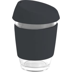 A reusable glass coffee cup in black with a silicone lid and band, featuring a logo.