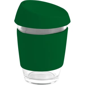 A reusable glass coffee cup with a green silicone lid and band, featuring a clear glass body.