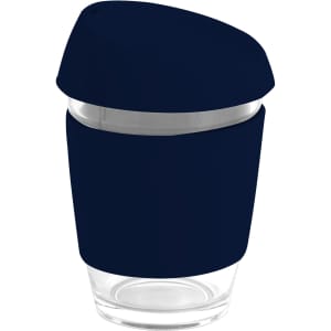 A reusable glass coffee cup in navy blue with a silicone lid and band, featuring a logo.