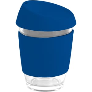 A reusable glass coffee cup featuring a blue silicone lid and band, with a transparent glass body.