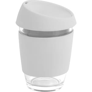 A reusable glass coffee cup in white with a silicon lid and band, featuring a transparent base.
