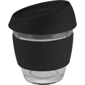 A glass coffee cup with a black silicone lid and band, featuring a transparent body. It has a sleek, modern design.