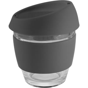 A drink bottle featuring a clear glass body with a black silicone lid and band. Ideal for coffee.