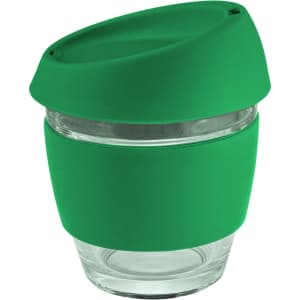 A glass coffee cup with a green silicon lid and band, designed for drinkware use.