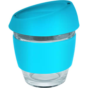 A glass coffee cup with a turquoise silicone lid and band, featuring a clear glass body.