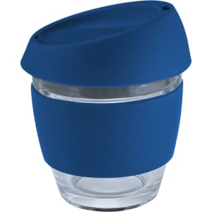 A glass coffee cup in blue with a silicone lid and band, featuring a logo. Holds 240ml.