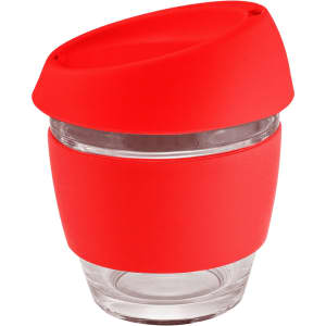 A glass coffee cup with a red silicon lid and band, designed for easy handling and spill prevention.