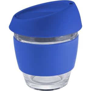 A glass coffee cup with a blue silicone lid and band, featuring a clear glass body and a logo.