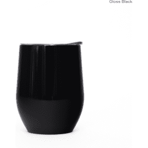 A drink bottle in gloss black with a smooth, curved design and a lid, featuring a subtle branding logo.