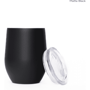 A drink bottle in matte black, featuring a clear lid, designed as a travel mug for beverages.
