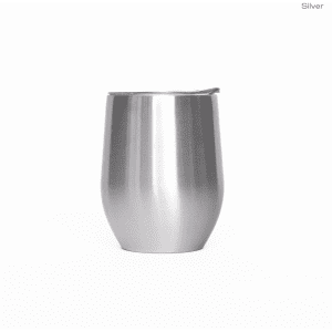 A stainless steel travel mug with a sleek, polished silver finish and a lid.