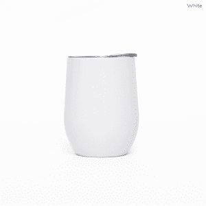 A white metal coffee cup with a silver lid, designed for travel and featuring a logo.