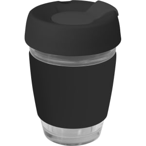 A drink bottle featuring a clear glass body, black silicon lid, and band. Suitable for reusable coffee use.