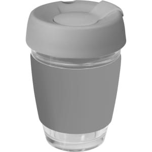A drink cup featuring a clear glass body with a grey silicone lid and band, designed for reusable coffee.