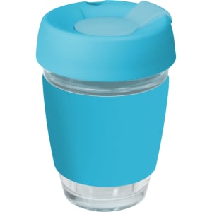 A reusable glass coffee cup in blue with a silicone lid and band, featuring a logo. Holds 350ml.