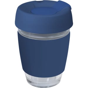 A drink bottle featuring a glass body and a dark blue silicone lid and band. It has a logo on the side.