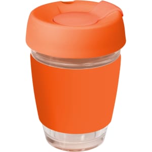A drink bottle featuring a clear glass body with an orange silicone lid and band.