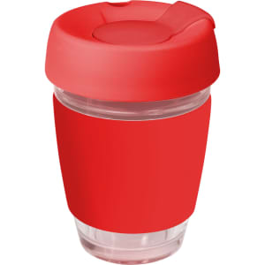 A drink bottle featuring a clear glass body with a red silicone lid and band, designed for reusable coffee use.